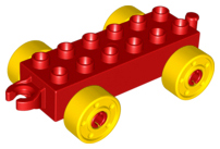 Duplo Car Base 2 x 6 with Fake Bolts, Open Hitch End and Yellow Wheels in Red