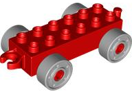 Duplo Car Base 2 x 6 with Fake Bolts, Open Hitch End and Light Bluish Gray Wheels in Red