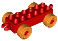 Duplo Car Base 2 x 6 with Fake Bolts, Open Hitch End and Orange Wheels in Red