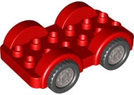 Duplo Car Base 2 x 6 - 4 Flat Silver Wheels with Black Tires on 4 Fixed Axles in Red