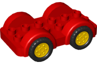 Duplo Car Base 2 x 6 - 4 Yellow Wheels with Black Tires on 4 Fixed Axles in Red