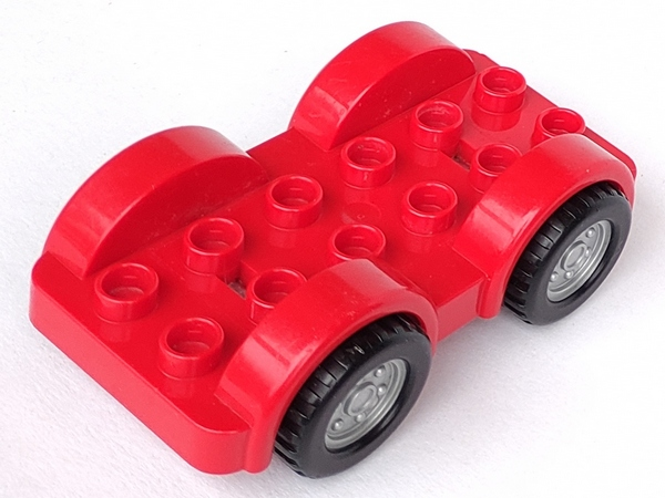 Duplo Car Base 2 x 6 with Four Black Tires and Metallic Silver Wheels on Removable Axles in Red