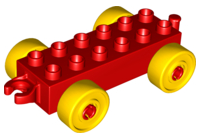 Duplo Car Base 2 x 6 with Yellow Wheels and Open Hitch End in Red
