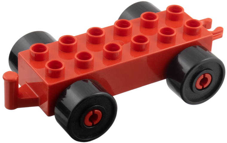 Duplo Car Base, 2 x 6 with Black Wheels and Open Hitch End in Red