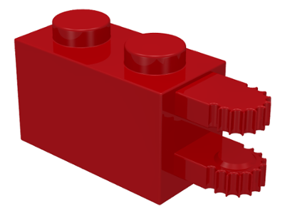 Hinge Brick 1 x 2 Locking with 2 Fingers Horizontal End, 9 Teeth in Red