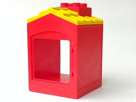Duplo Building with Chimney, Cutout for Door / Window, Yellow Roof Shingles in Red
