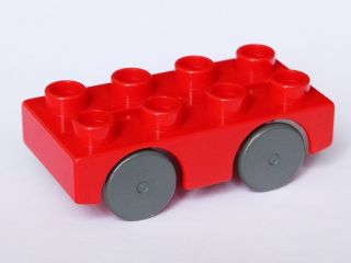 Duplo Car Base 2 x 4 with Dark Bluish Gray Wheels (Brickrunner) in Red
