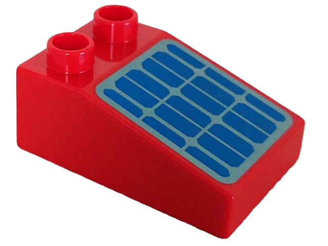 Duplo Brick 3 x 2 Slope 33° with Solar Panel print in Red