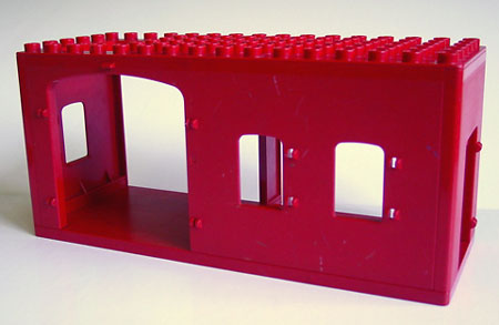 Duplo Building 6 x 16 x 6, Front Double Doors and Two Windows, Left Window, and Right Door Openings, Top Sliding Trap Door in Red