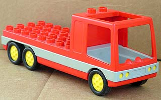 Duplo Fire Truck Base 4 x 13, with Light Gray Stripe, Cabin and Six Wheels in Red
