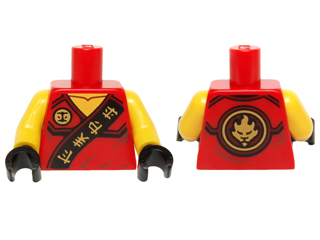 Torso Ninjago Robe with Gold Asian Characters on Black Sash and Kai Power Emblem Pattern / Yellow Arms / Black Hands, Red