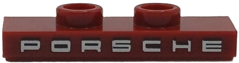 Plate Special 1 x 3 with 2 Studs with Groove and Inside Stud Holder (Jumper) with Silver 'PORSCHE' print in Dark Red