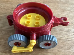 Duplo Cart with Wheels and Yellow Rod in Dark Red