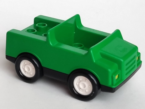 Duplo Car with 2 x 2 Studs and Black Base, White Hubs in Green