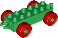 Duplo Car Base 2 x 6 with Open Hitch End and Red Wheels in Green