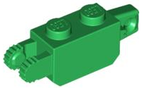 Hinge Brick 1 x 2 Locking with 1 Finger Vertical End and 2 Fingers Vertical End, 9 Teeth in Green