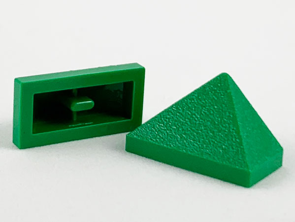 Brick Sloped 45° 2 x 1 Triple with Ovoid Bottom Pin in Green