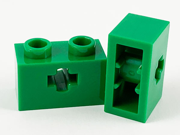 Technic Brick 1 x 2 with Axle Hole Type 1 [+ Opening] and Bottom Pin in Green