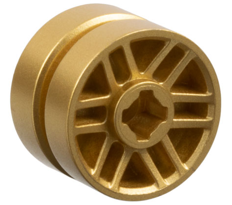 Wheel 14mm D. x 9.9mm with Centre Groove, Fake Bolts and 6 Spokes in Metallic Gold