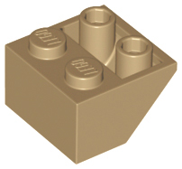 Brick Sloped Inverted 45° 2 x 2 [Ovoid Bottom Pin, Bar-sized Stud Holes] in Dark Tan