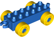 Duplo Car Base 2 x 6 with Fake Bolts, Open Hitch End and Yellow Wheels in Blue