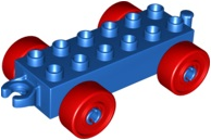Duplo Car Base 2 x 6 with Open Hitch End and Red Wheels in Blue