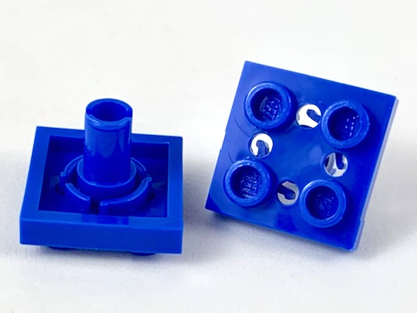 Plate Special 2 x 2 with Pin on Bottom, Small Holes in Plate and Rotational Locking Fingers on Underside in Blue