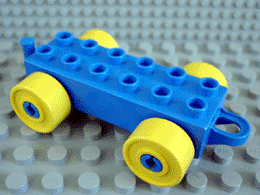 Duplo Car Base 2 x 6 with Yellow Wheels, (Old Style) Closed Hitch End in Blue