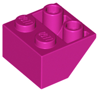 Brick Sloped Inverted 45° 2 x 2 [Ovoid Bottom Pin, Bar-sized Stud Holes] in Magenta