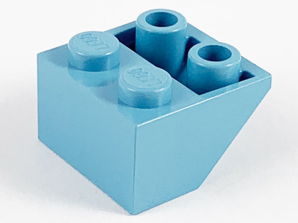Brick Sloped Inverted 45° 2 x 2 [Ovoid Bottom Pin, Bar-sized Stud Holes] in Maersk Blue