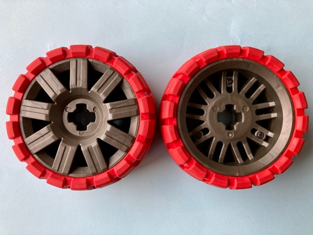 Wheel 72 x 34 with Red Tire 94 x 40 Balloon Offset Tread in Pearl Dark Gray