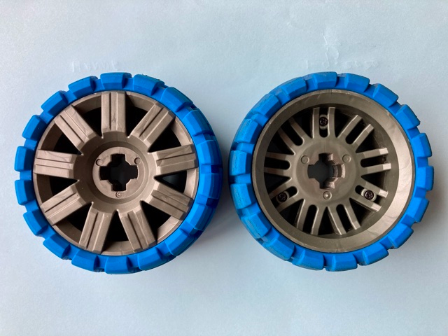 Wheel 72 x 34 with Blue Tire 94 x 40 Balloon Offset Tread in Pearl Dark Gray