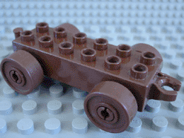 Duplo Car Base 2 x 6 with Brown Wheels and Open Hitch End in Brown