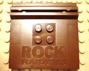 Plate Special 6 x 6 x 2/3 with 4 Studs and Embossed 'Rock Raiders' in Brown