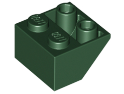 Brick Sloped Inverted 45° 2 x 2 [Ovoid Bottom Pin, Bar-sized Stud Holes] in Dark Green