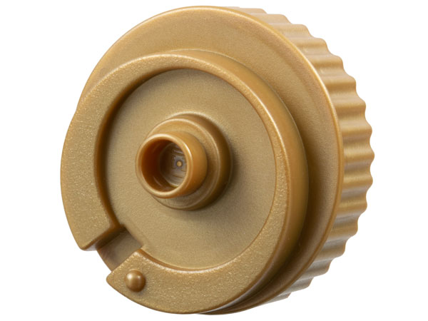 Duplo Counterweight 3 x 3 x 2 Round, Notched Rim, Off-Center Swirl and One Stud in Flat Dark Gold