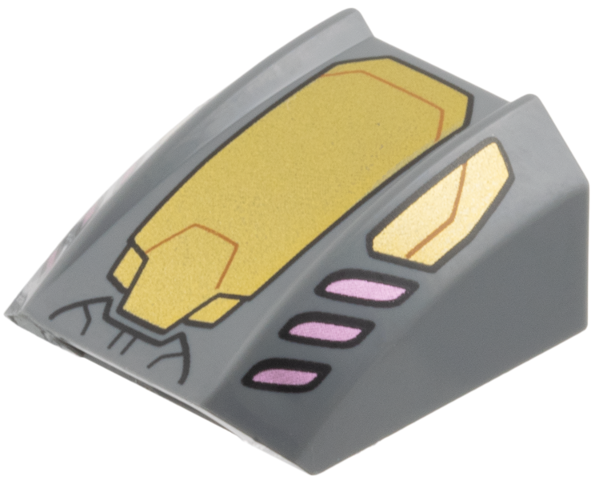 Brick Curved 2 x 2 with Lip, No Studs with Gold Armor Plating, Pink Vents Print in Dark Bluish Gray