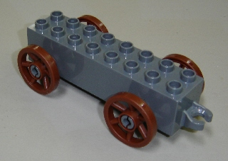 Duplo Wagon Base 2 x 8 x 1 1/2 with Large Reddish Brown Spoked Wheels in Dark Bluish Gray
