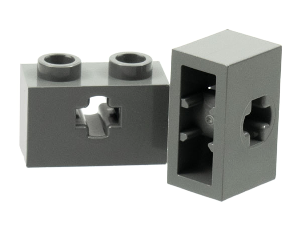 Technic Brick 1 x 2 with Axle Hole Type 1 [+ Opening] and Bottom Pin in Dark Bluish Gray