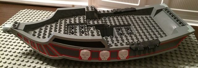 Duplo Boat Hull 14 x 31, Top Section with Red Trim and White Skulls in Dark Bluish Gray