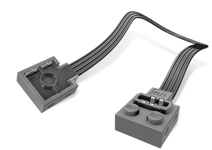 Wire with Brick 2 x 2 x 2/3 with 1 x 2 Studs and Power Functions and 9V Connectors, 20cm, One Light Bluish Gray End in Dark Bluish Gray
