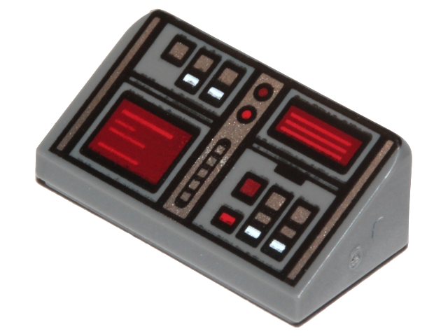 Brick Sloped 30° 1 x 2 x 2/3 with Buttons And Red Screens Print in Dark Bluish Gray