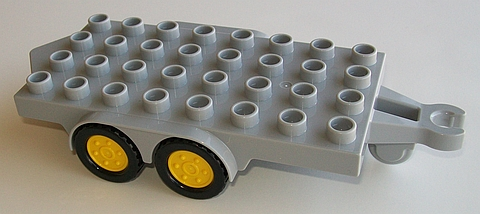 Duplo Trailer Flatbed 4 x 8 Studs with Hitch Ends and 4 Yellow Wheels in Light Bluish Gray