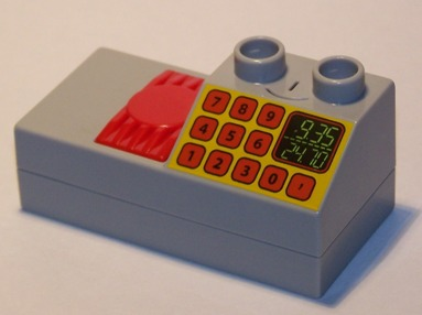 Duplo Brick 2 x 4 Half with 2 x 2 Slope with Cash Register Print and Sound Effects in Light Bluish Gray
