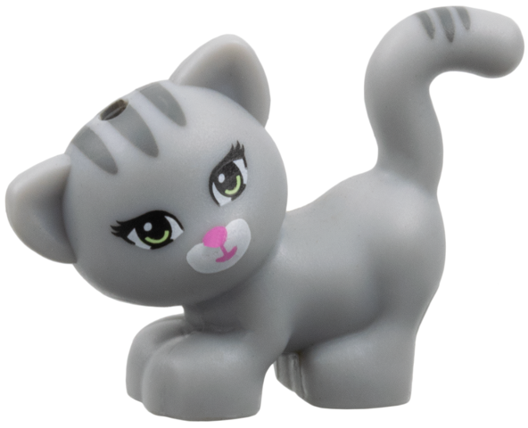 Animal, Cat, Standing, Looking Left with Light Green Eyes, Dark Pink Nose and Mouth and Dark Bluish Gray Stripes Print in Light Bluish Gray