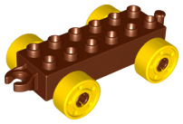 Duplo Car Base 2 x 6 with Fake Bolts, Open Hitch End and Yellow Wheels in Reddish Brown