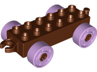 Duplo Car Base 2 x 6 with Fake Bolts, Open Hitch End and Lavender Wheels in Reddish Brown