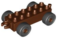 Duplo Car Base, 2 x 6 with Black Wheels and Open Hitch End in Reddish Brown