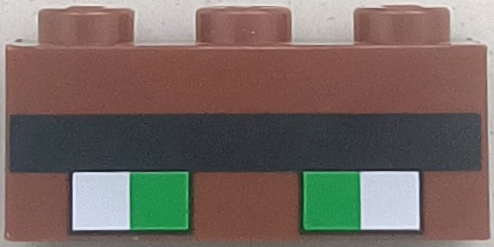 Brick 1 x 3 with Pixelated Bright Green/White Eyes with Black outline, Black Eyebrow print in Reddish Brown