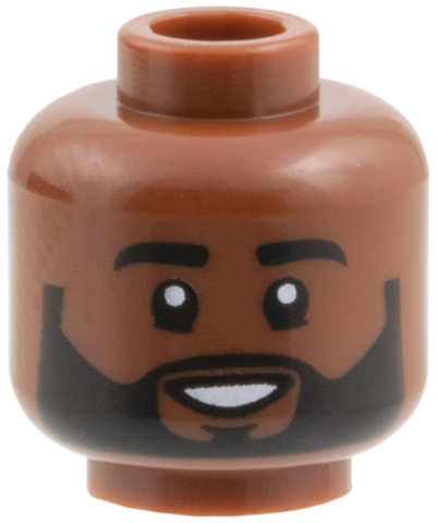 Minifig Head Karamo, Thick Eyebrows, Beard, Smile Showing Teeth Print in Reddish Brown